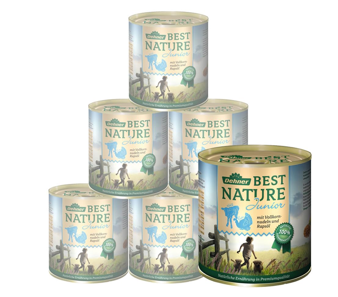 Dehner Best Nature - Comida húmeda sin Cereales para Cachorros y Perros jóvenes, Pavo, Ternera, Pasta Integral, 6 latas de 800 g (4,8 kg)