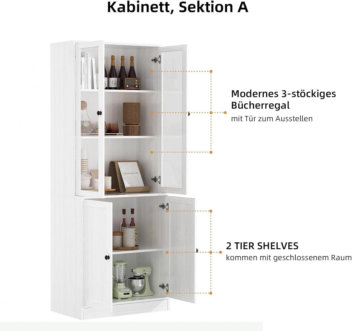 VOWNER 5-stöckiges Bücherregal mit Glastüren, 180 cm Vitrinenschrank, Küchenschränke, Küchenschrank Hochschrank, Buffetschrank für Küche, Wohnzimmer, Esszimmer, A (Weiß, 1PCS)