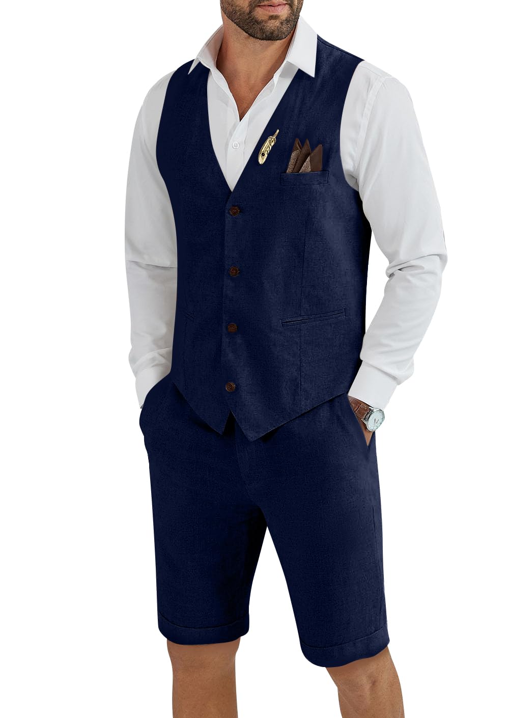 Men's Linen 2 Piece Suit Slim Fit Wedding Groom Groomsmen Summer Vest Shorts Set