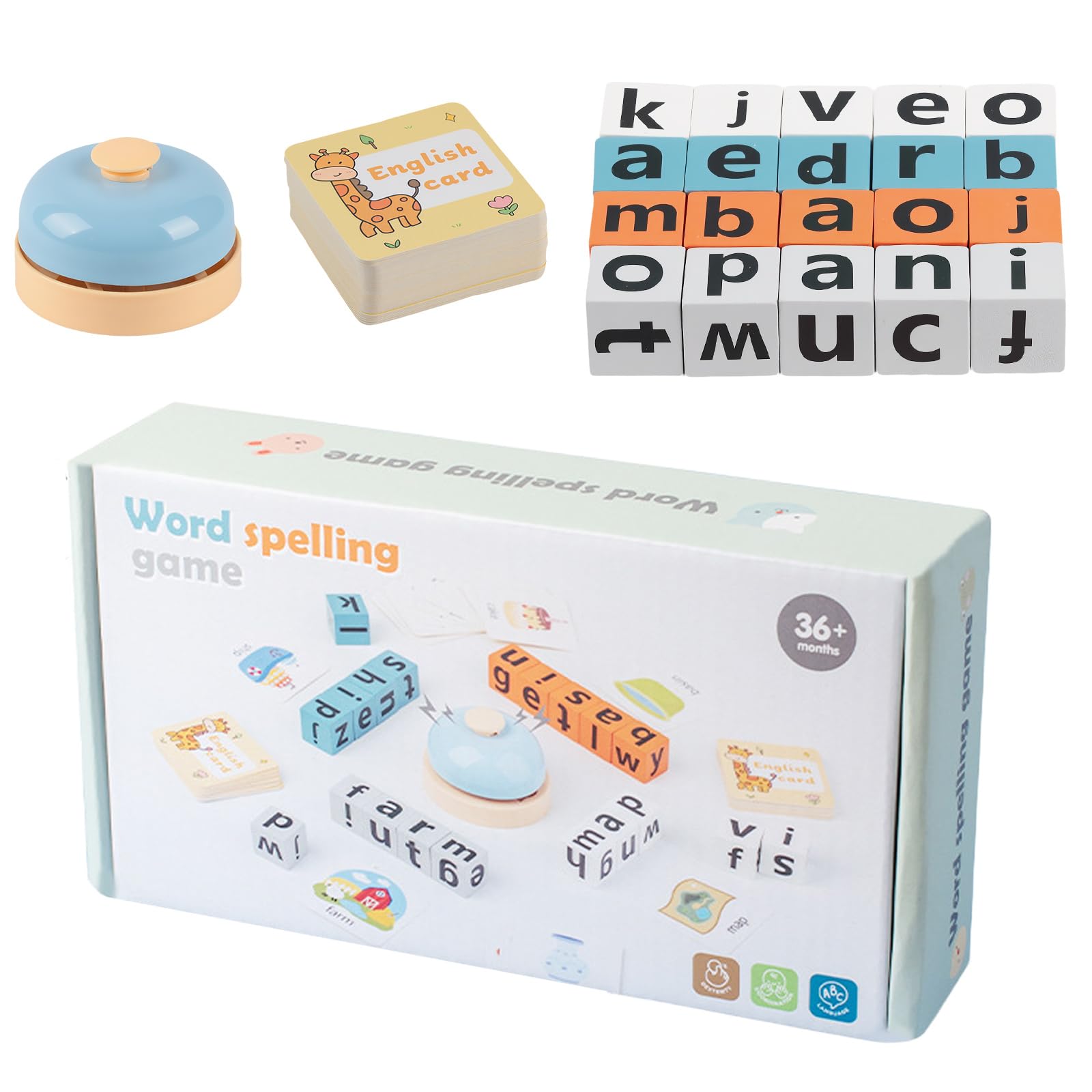Word Race Spelling Game - Alphabet Puzzle Set with 64 Flash Cards & 20 Wooden Alphabet Blocks, Interactive Spelling Word Games with Bell, Sight Words Early Learning Educational Toy Boys & Girls