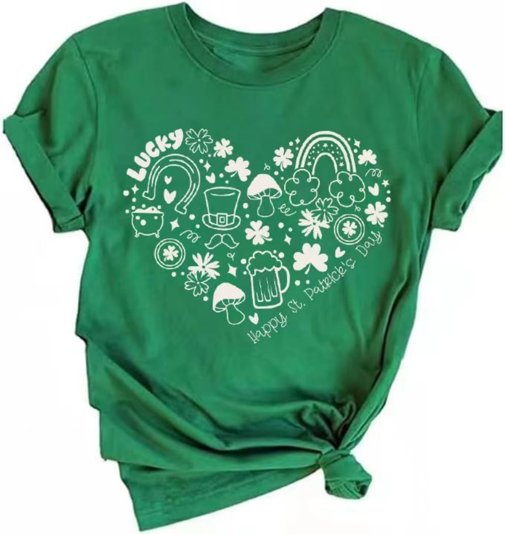 Women's St Patrick's Day T-Shirt Lucky Irish Shamrock Paddy's Day Graphic Tees Tops