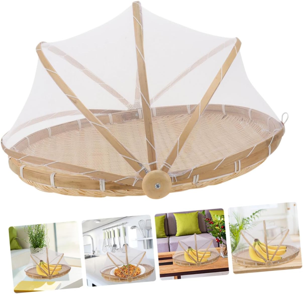 Handmade Bamboo Woven Tray Net Cover Round Bamboo Basket for Food Storage and Drying Kitchen Organizer for Fruits and Vegetables 12-inch Dustproof Tray