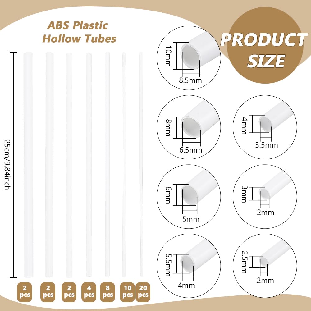 BENECREAT 48 Tubo di Plastica Rotondo In ABS Da 7 stili, Barre Bianche Da 2/3/4/5/6/8/10mm, Asta Tubolare Cava, Barra Tonda Cava per Modelli Architettonici Fai Da Te con Tavolo di Sabbia