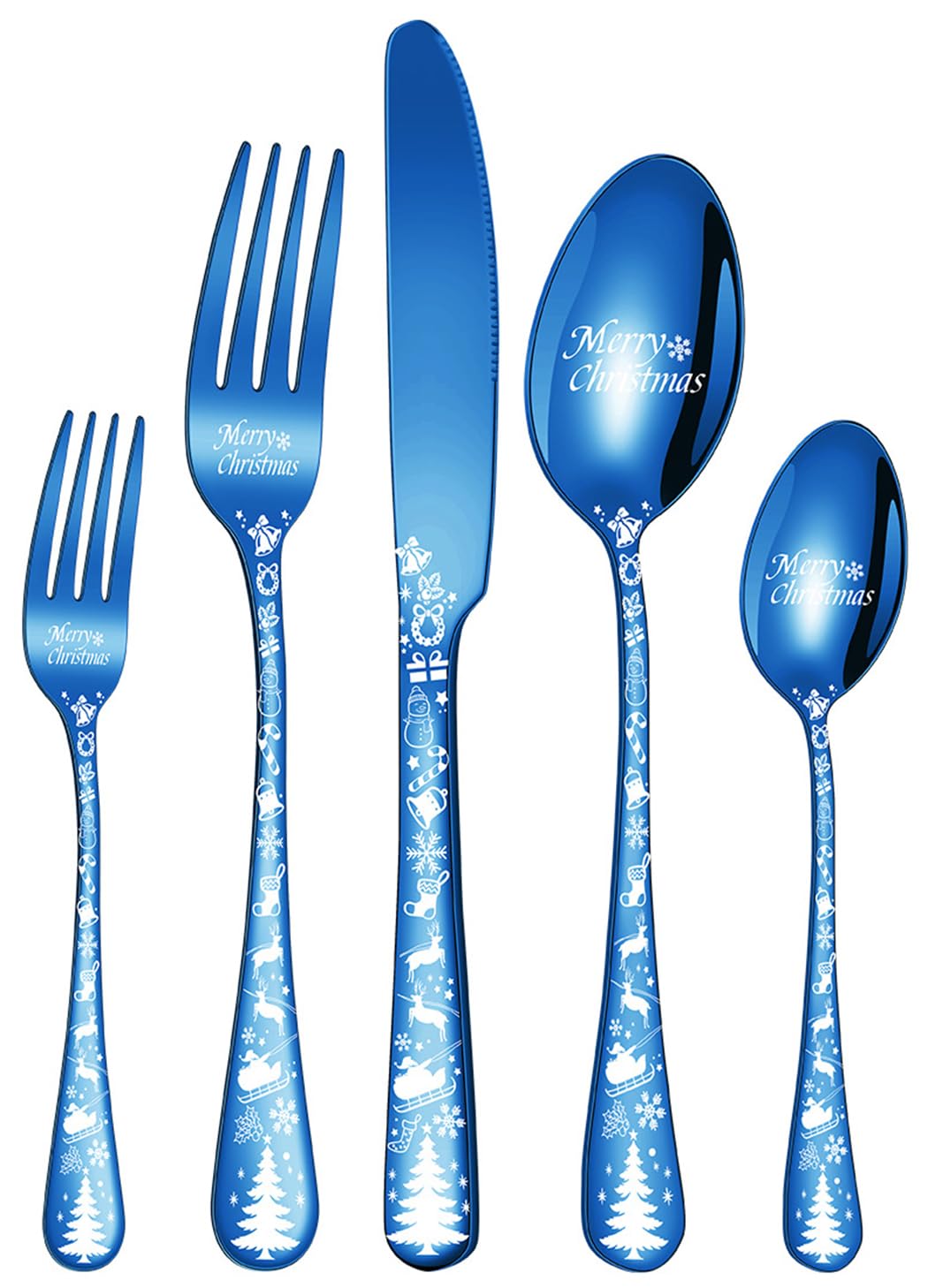 XIAOYU 5PCS Christmas Silverware Set, Food-Grade Stainless Steel Flatware Set with Unique Christmas Tree Pattern Handles, Knife Fork Spoon Set, Tableware Cutlery Set for Christmas, Halloween, Easter