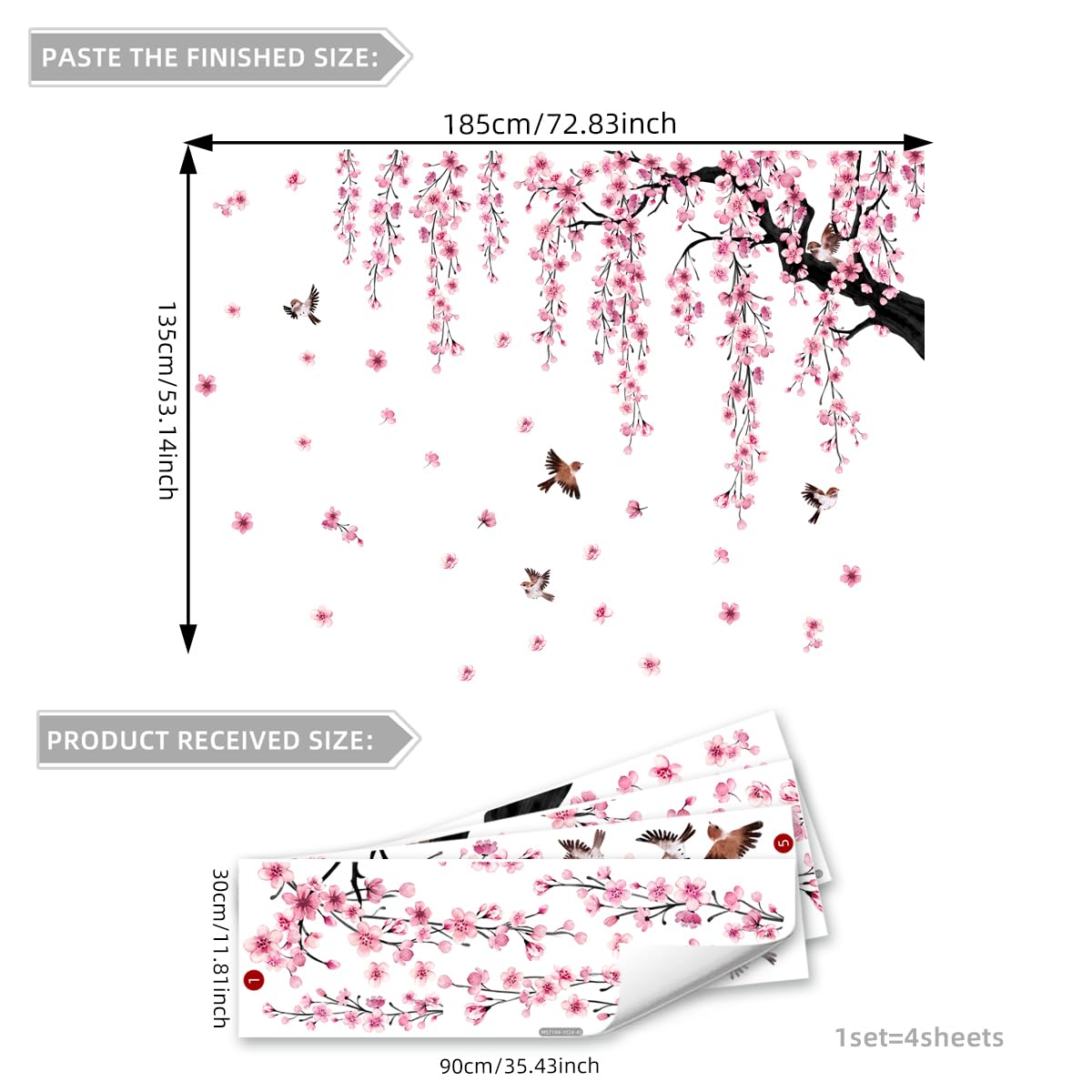 Runtoo Large Cherry Blossom Tree Wall Decals Peel and Stick Pink Floral Wall Art Stickers for Living Room Bedroom Nursery Flower Decor - Image 4