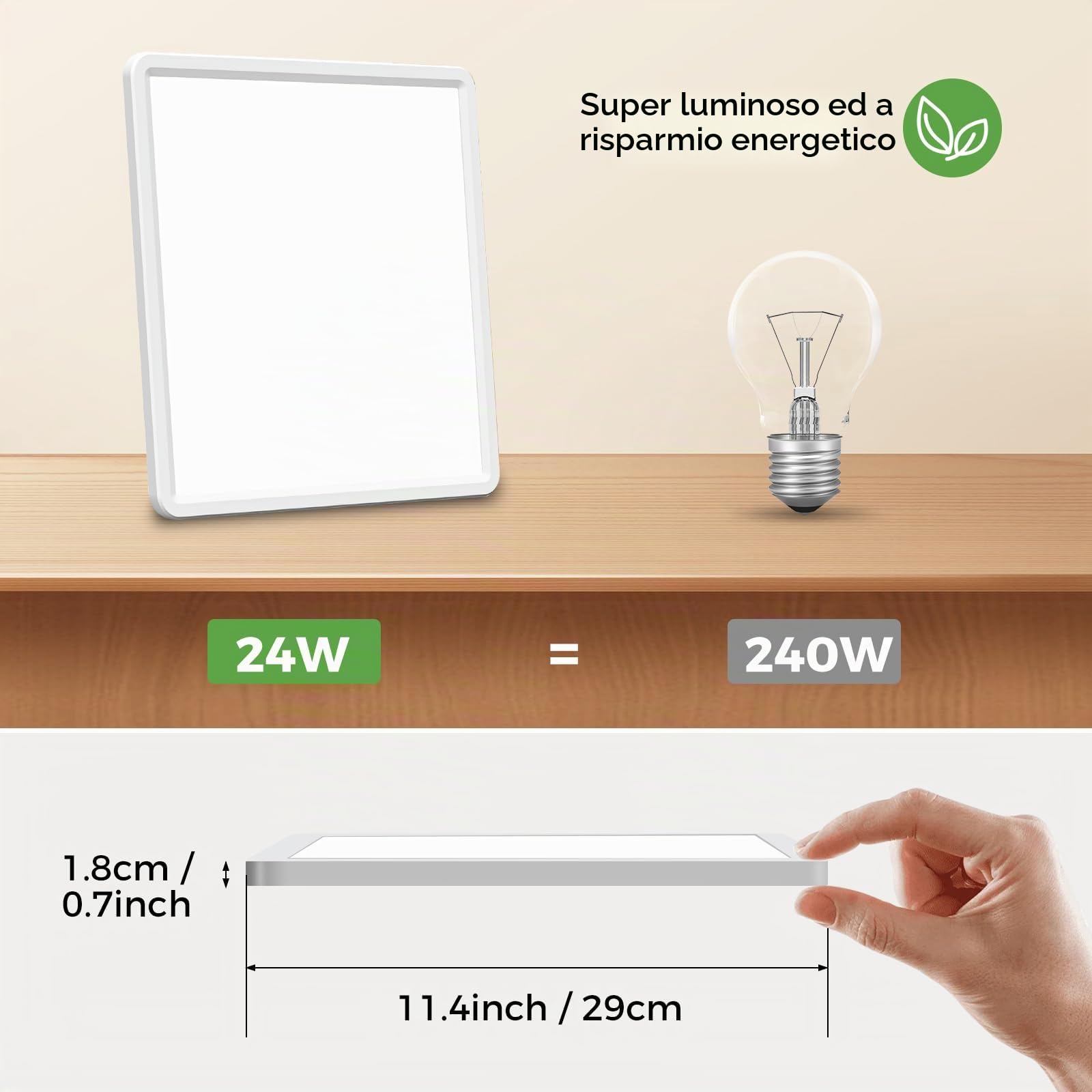 zemty Plafoniera LED Soffitto Quadrata, 3colori-3000K/4000K/6500K, Plafoniera Bagno IP44 Impermeabile, Lampada da Soffitto Moderna 24W 2800LM per Cucina, Camera da Letto, Corridoio, Balcone, Ø29CM