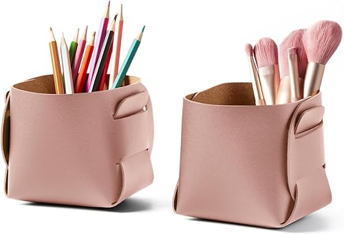 Miniatura 12 de HOMIEAZICOZI Paquete de 2 accesorios de almacenamiento de escritorio de cuero de corcho, soporte para lápices y bolígrafos, organizador de brochas