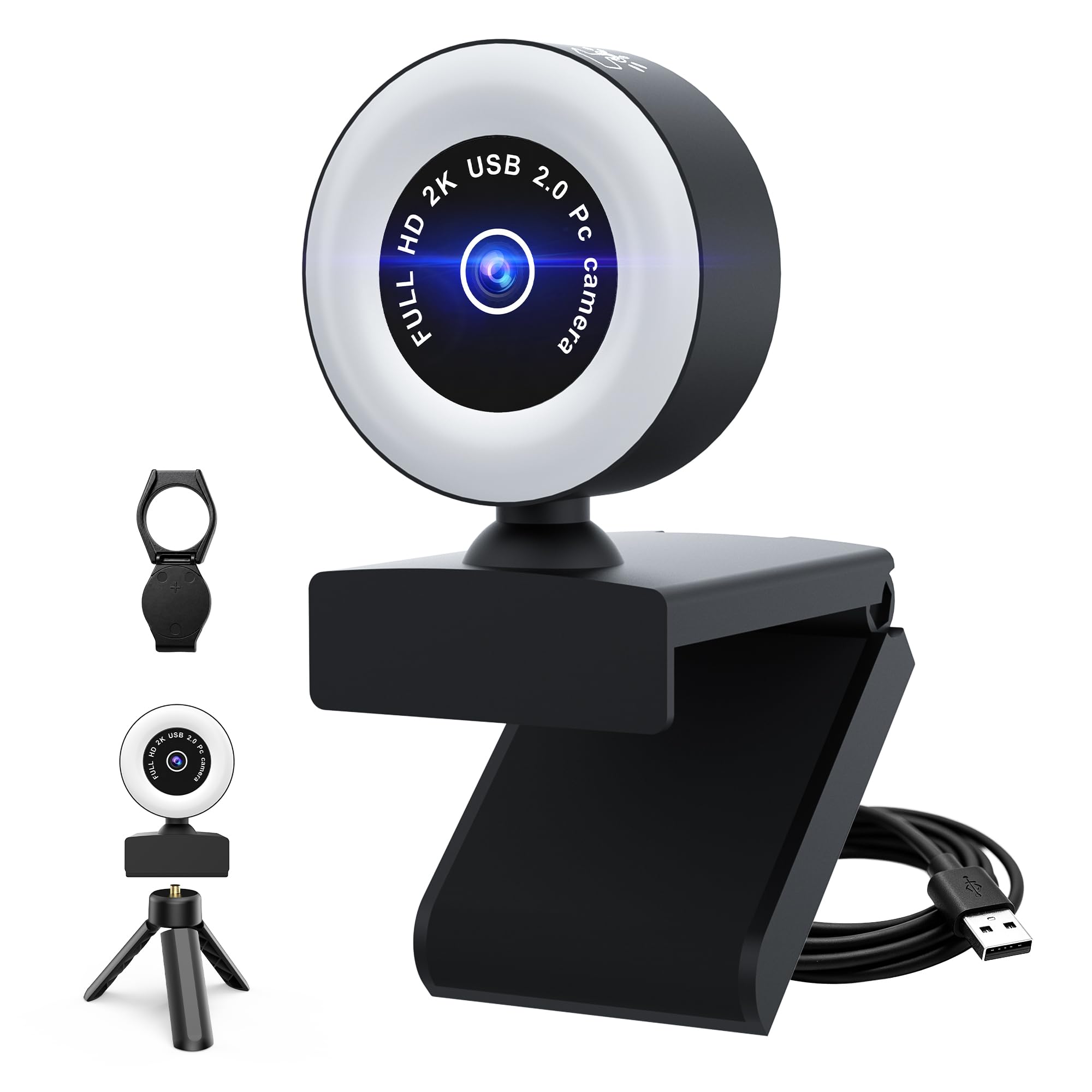 USB HD 1080P Video Webcam，with Ring Ligh and Microphoneand Rotatable Tripod& Privacy Cover for PC，, Fast AutoFocus，with Auto White Balance for Video Calls, Live Streaming Gaming & Online Meetings-image-35