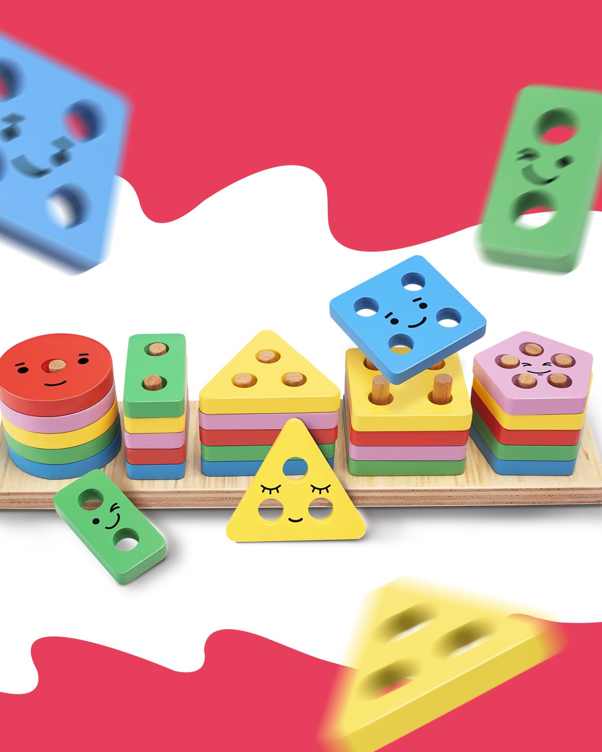 Intelliskills Premium Wooden Geometric Stacker & Shape Sorter Toy for Kids |Brain Development Montessori Toy |Learning &Educational Shape Sorter with Cute Face Emojis for Boys/Girls |Non-Toxic |2 Yrs+ (B0D9KJDRKZ) Amazon Price History, Amazon Price Tracker