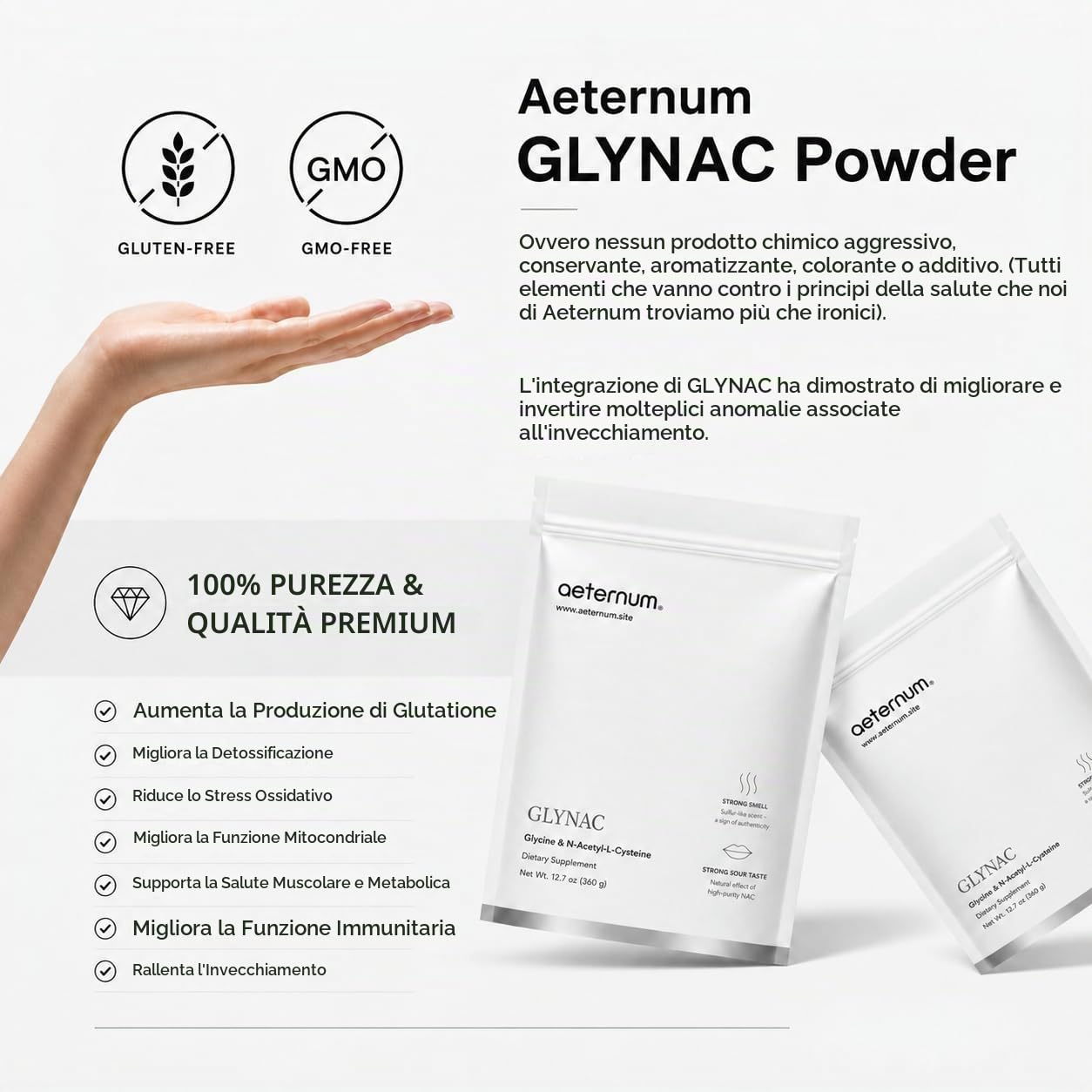 Aeternum GLYNAC Polvere 360 g, glicina e N-acetil-L-cisteina, 4 g per porzione