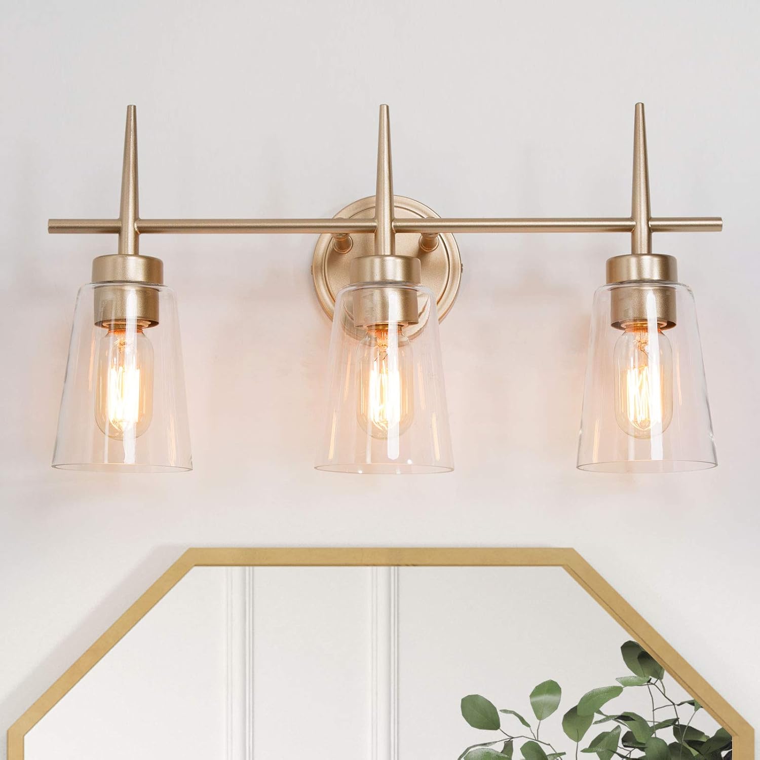 classy leaves Bathroom Light Fixtures, 3-Light Bathroom Vanity Light, Gold Bathroom Light Fixtures with Clear Glass Shades for Makeup Dressing Table (20’’ L x 6’’ W x 11.5’’ H)