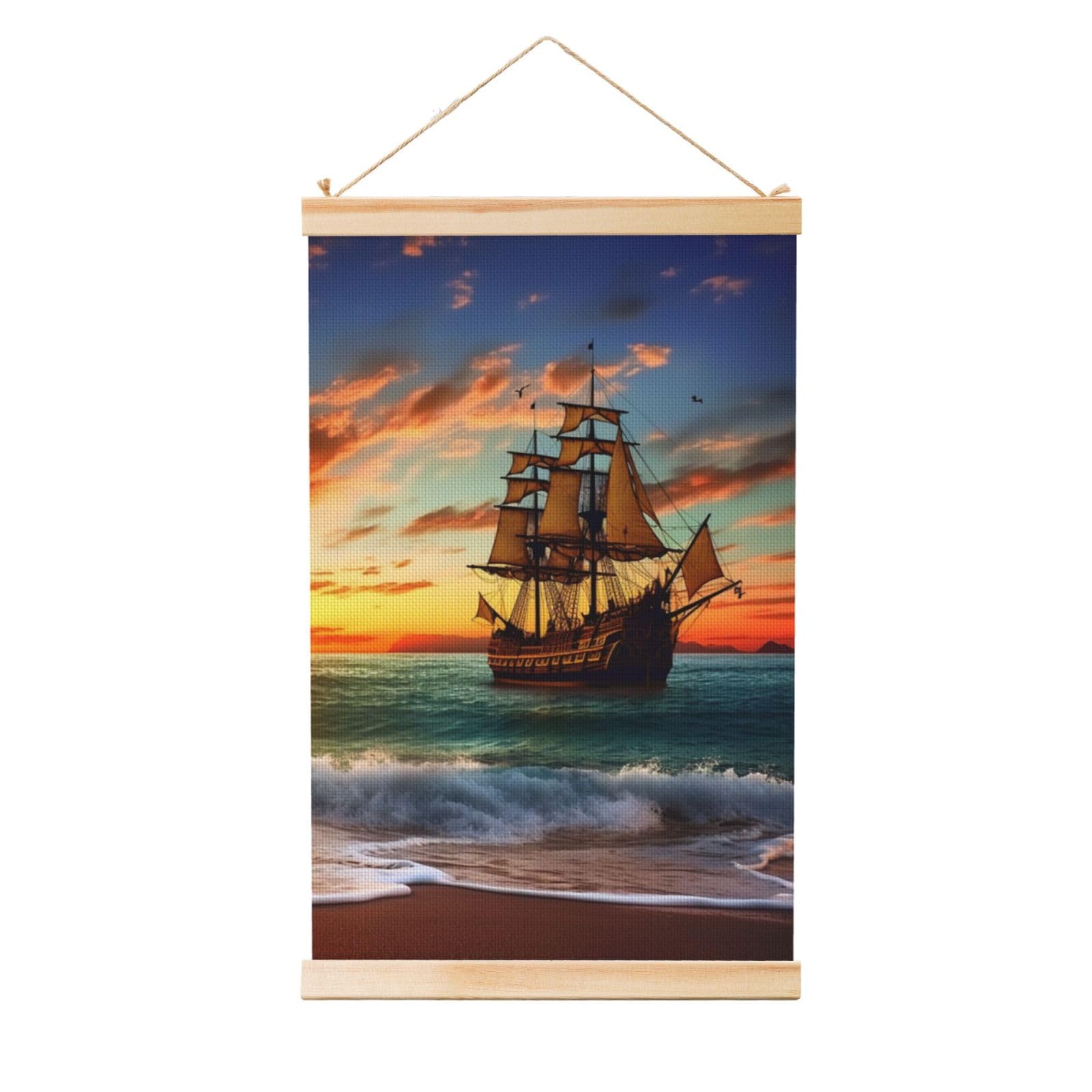 pirate ship in the sunset Poster Wooden Shaft Hanging Poster Wall Hanging Banner Canvas Artwork with Wood Frames 12"x18" Modern Artwork Decor Ready to Hang Wall Art for Home Decor Scroll Painting