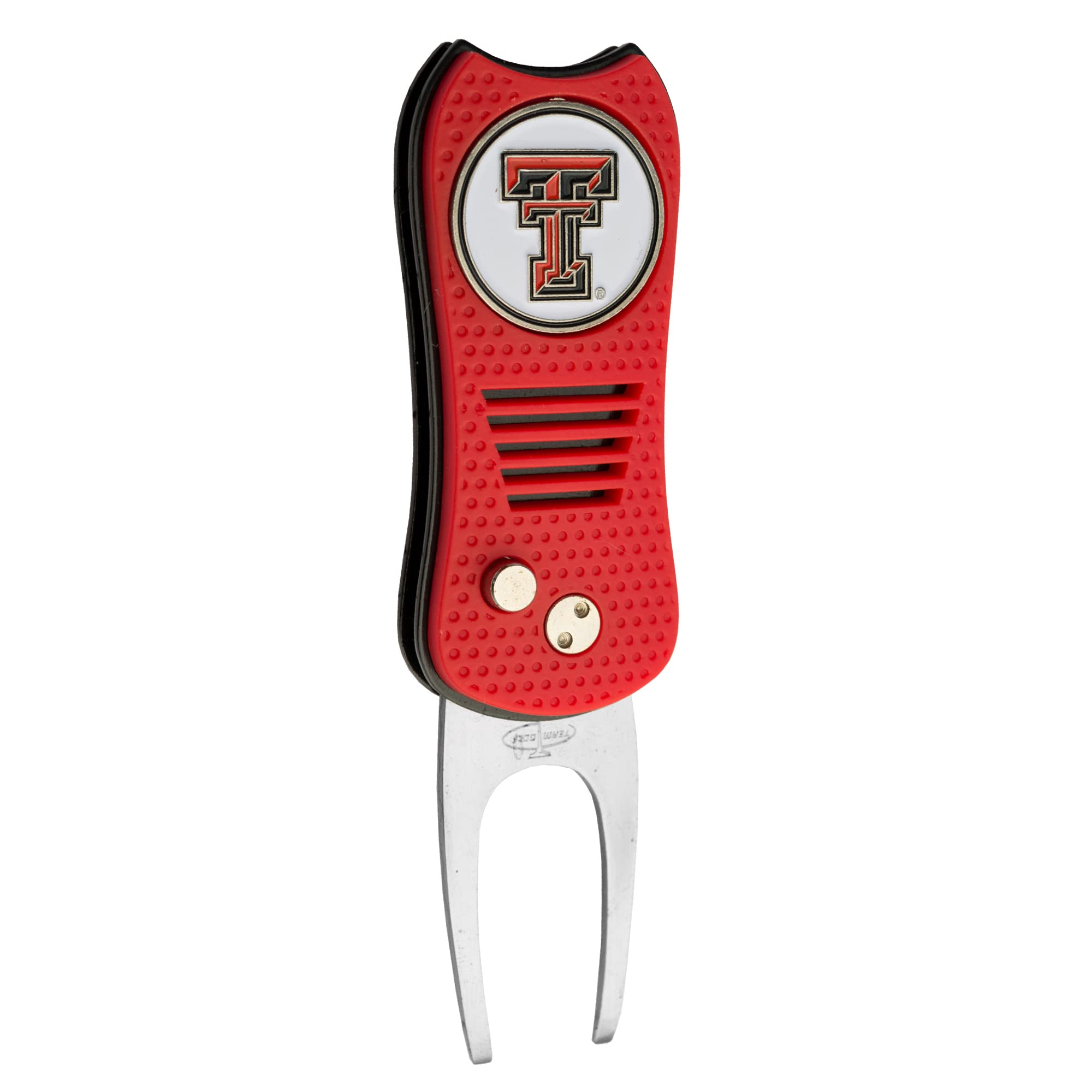 Team GolfNCAA Switchblade Divot Tool with Double-Sided Magnetic Ball Marker, Features Patented Single Prong Design, Causes Less Damage to Greens, Switchblade Mechanism
