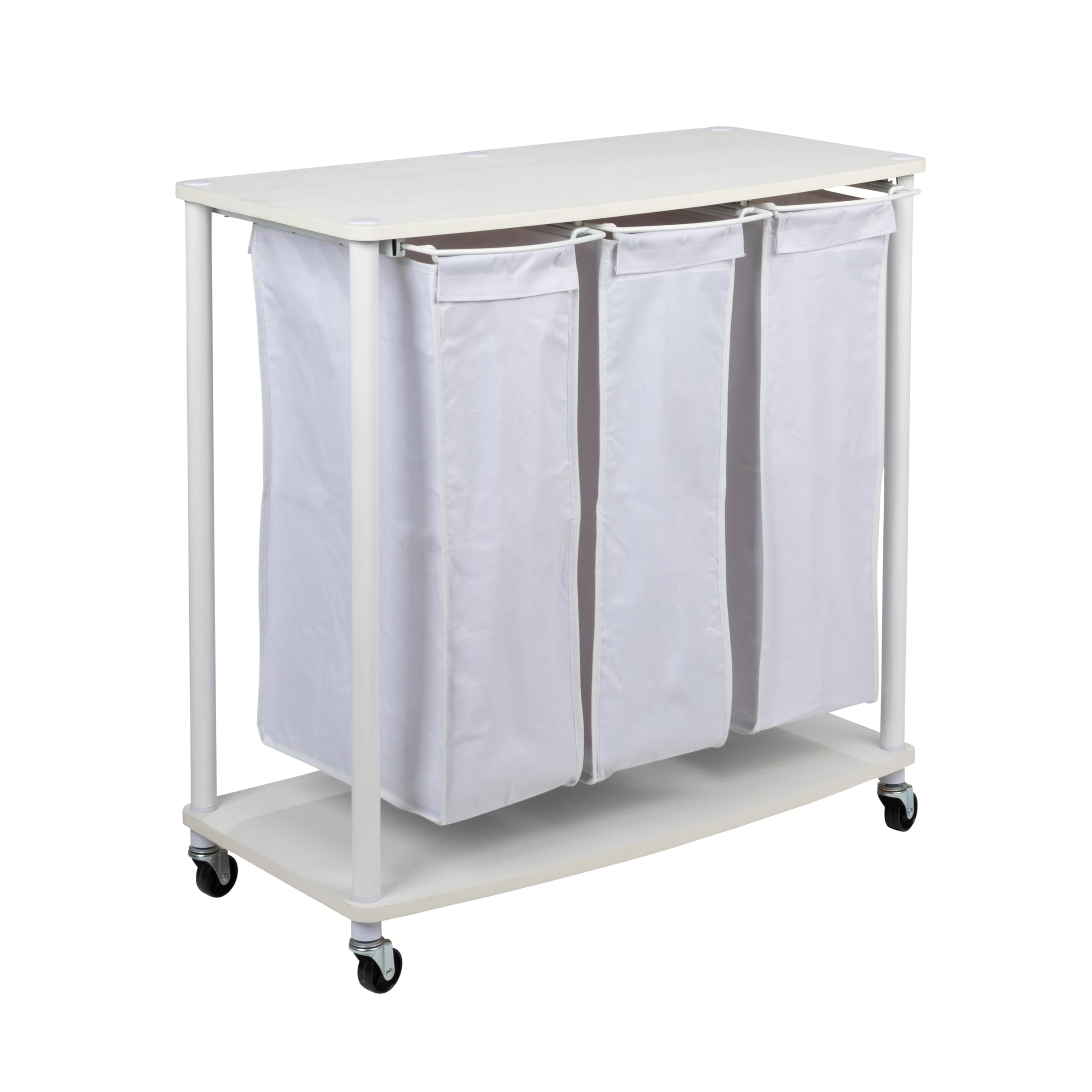 Household Essentials 3-Bag Laundry Sorter, Smooth Laminate Shelving, Sturdy Steel Frame, Wheeling and Stationary Feet Options, Washable Linen Laundry Bags, 3-Load Capacity, Versatile, White