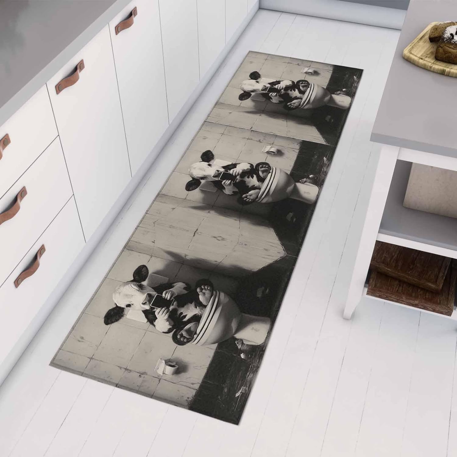 Teamery Kitchen Mats for Floor Funny Cow Sitting on The Toilet Washable Non Slip Kitchen Rugs 1PCS, Grey and White Animal Art Absorbent Standing Mats for Sink Bathroom Office Living Room 15.7x47.2in
