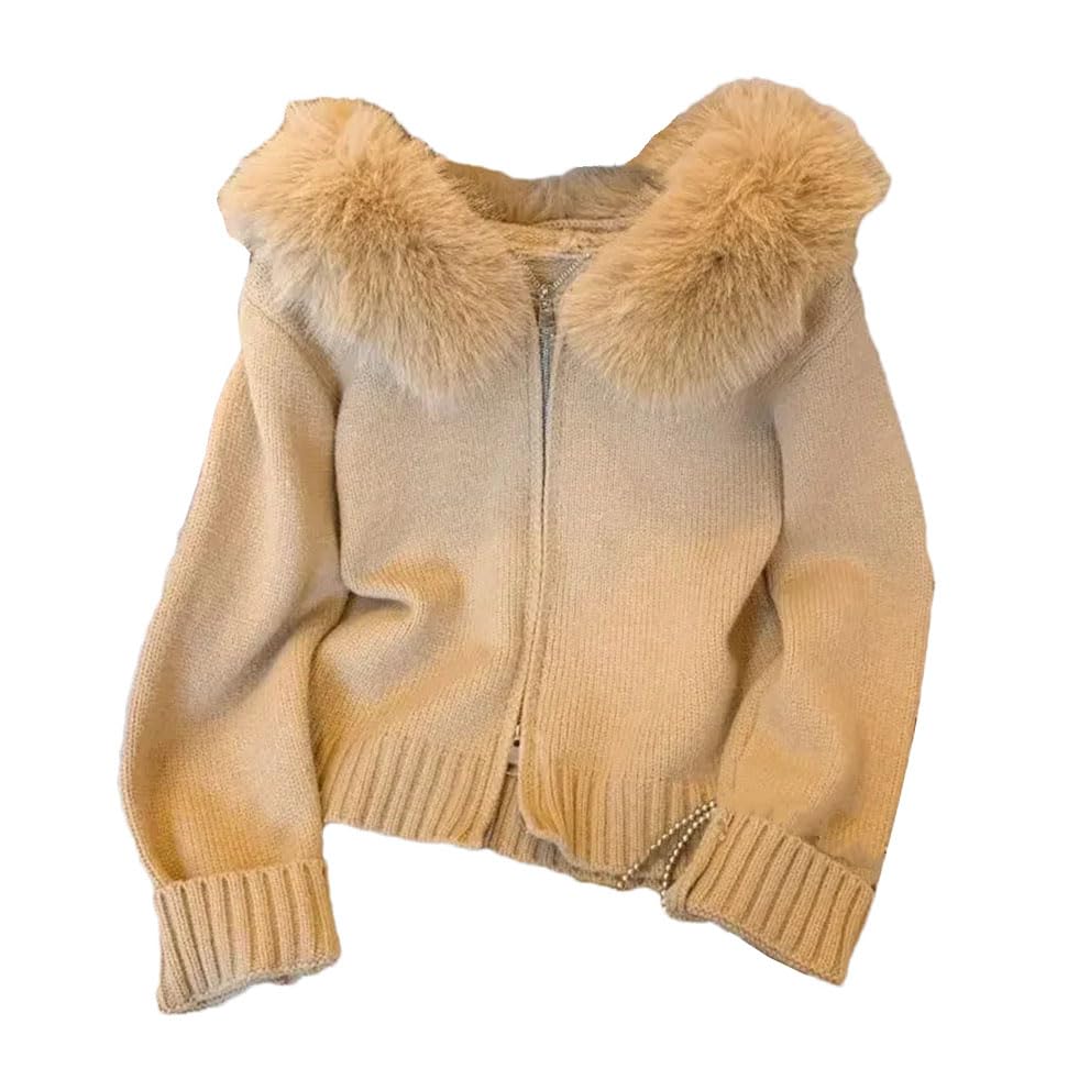 Women Double Zippers Fur-Collar Hooded Knit Cardigan Tops Slim Cropped Sweater Coats for Spring-Autumn