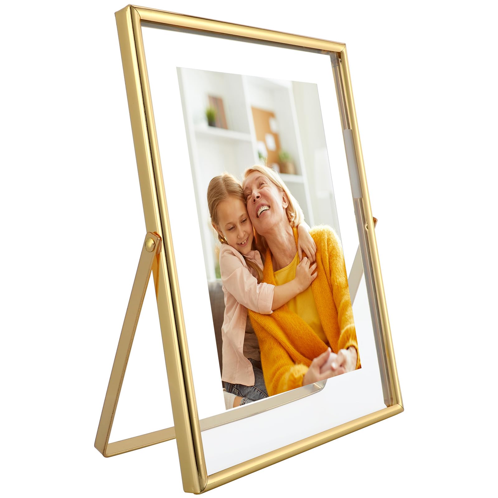 AhaGo Gold Floating Frame (5x7 inches, Vertical), Picture 5x7, 4x6, 3.5x5, Desktop Frame, Elegant Gift for Holiday, Wedding, Home, Office Decoration