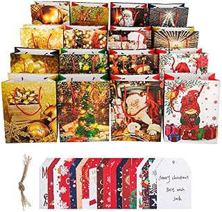 OKPOW Christmas Gift Bags Multipack - 16 Pack Reusable Elegant Presents Paper Medium with Handle - Unique Tags Santa Themed Xmas Holiday Party Favors Candy Carrier Set Bulk for Adults, Kids, Friends