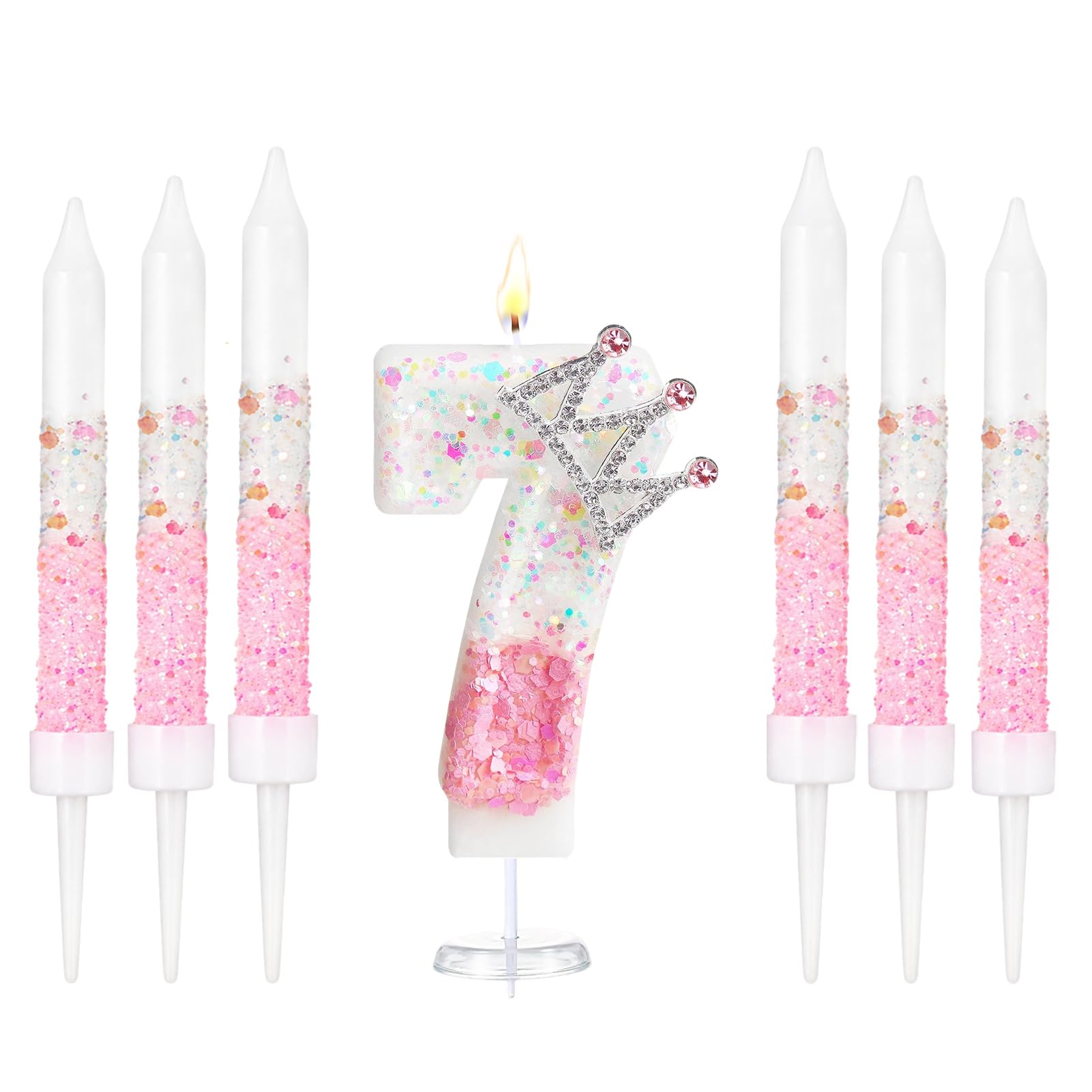Crown Number Birthday Candles, Glitter Pink White Birthday Candle with 6 Pcs Long Candles, Stylish Princess Themed Cake Topper for Girls Birthday Party Supplies (7 Candle)