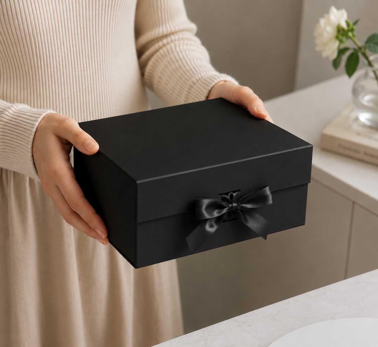 Emartbuy Schwarze magnetische Geschenkbox mit Schleife, 20 cm x 18,2 cm x 8 cm, 5 Stück