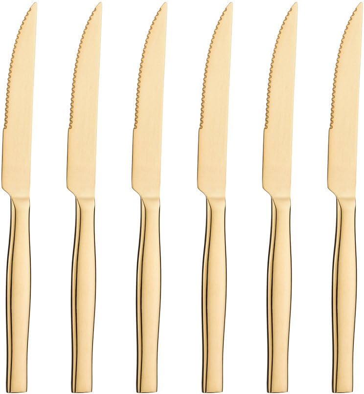 icxox Steak Knives Set of 6, Martensitic Stainless Steel, 9.25 Inches (Gold)