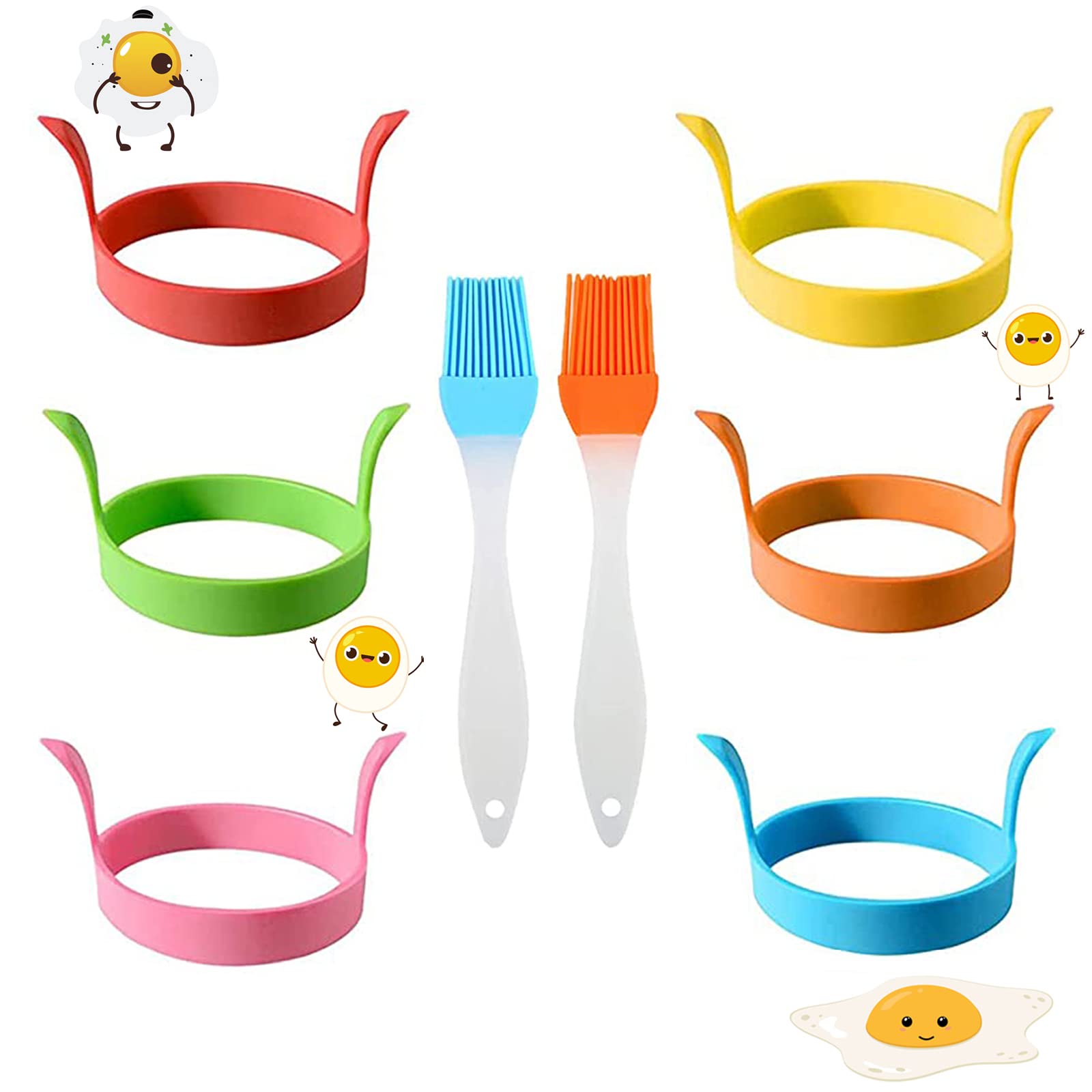 Silicone 6 Pcs Pancake Mould, 2 Pcs Brush, Round Egg Ring Moulds for Perfect Fried Eggs & Crumpets