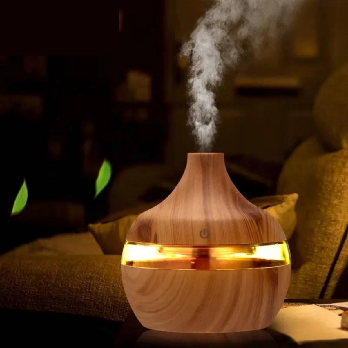 mobigon Wood Cool Mist Ultrasonic Humidifier with Aroma Diffuser and 7 Colorful Night Lights, 300ml (Light Brown)