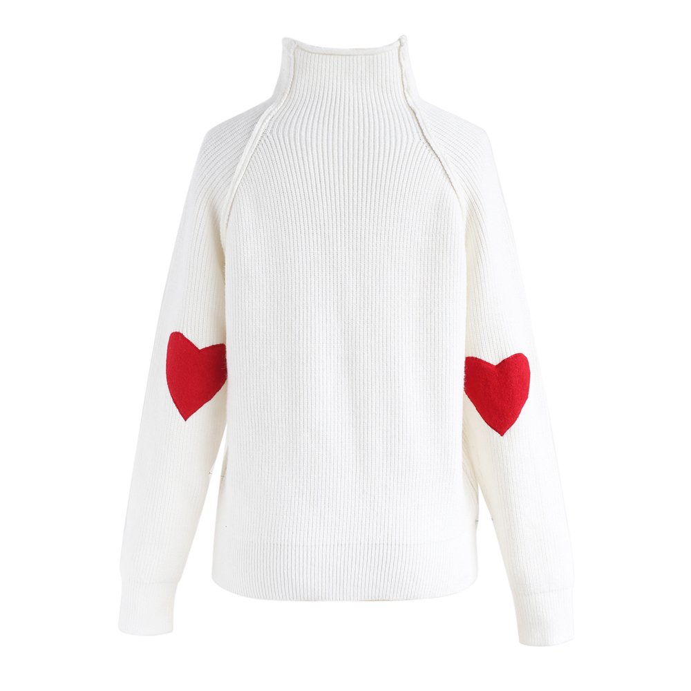 CHICWISH Women Comfy Casual Long Sleeve Heart Shape Patched Grey White Navy Knit Top Pullover Sweater