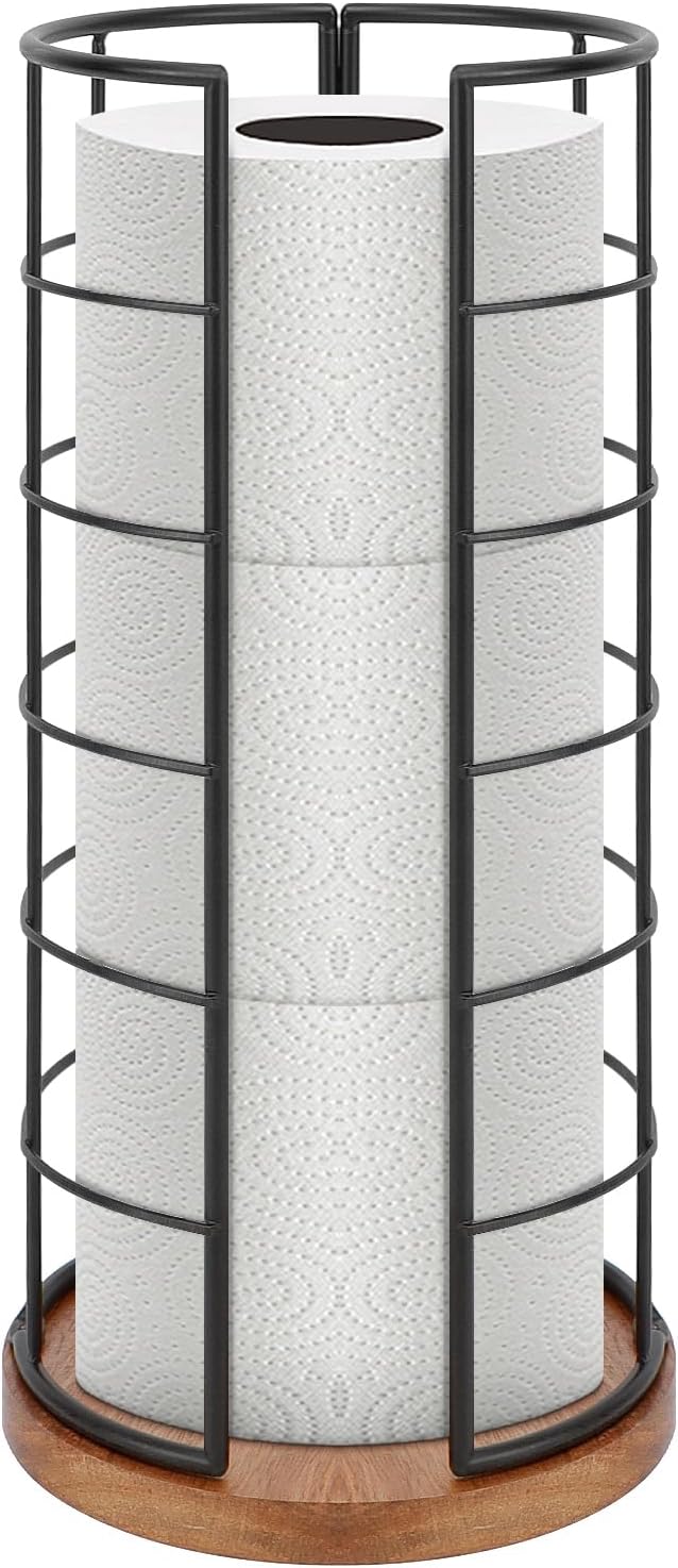 NearMoon Toilet Paper Organizer Stand, Freestanding 3 Rolls Tissue Storage, Metal Bathroom Accessory, Rustproof Toilet Roll Holder for Kitchen Countertop Inside Cabinet Shelf(Wooden Base, Matte Black)