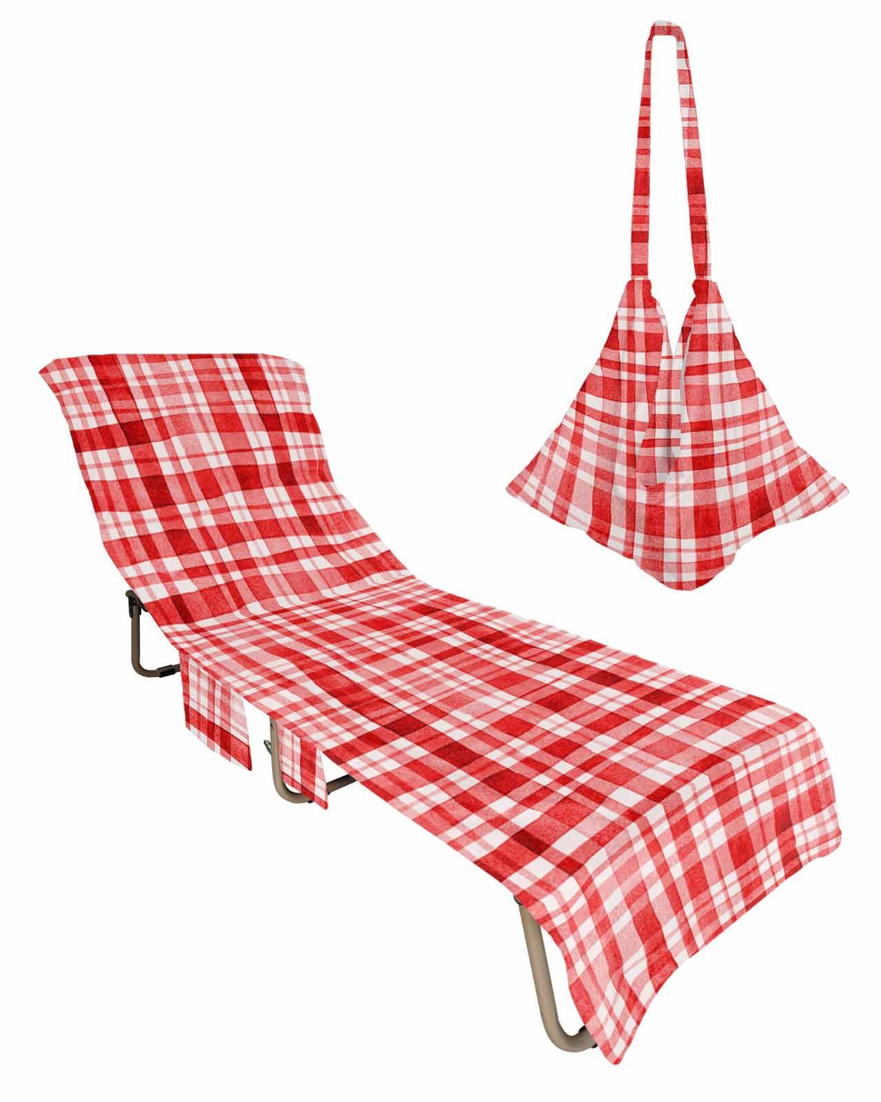 Red Checkered Beach Lounge Chair Towel Cover, Soft Chaise Lounge Towel with Side Pockets Patio Pool Chairs Cover for Beach/Pool Sunbathing 29x85 Watercolor Buffalo Plaid Red