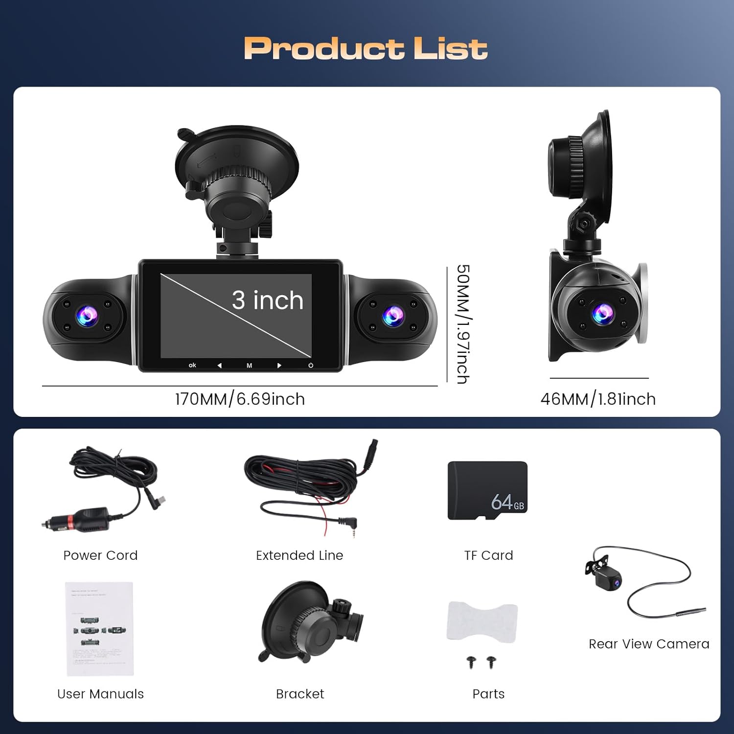 4 Channel Dash Cam 360° View Front and Rear Inside, 3" Display 1080P Dash Camera for Cars Left Right, WiFi APP Control, G-Sensor, IR Night Vision, Loop Recording, with Free 64GB Card