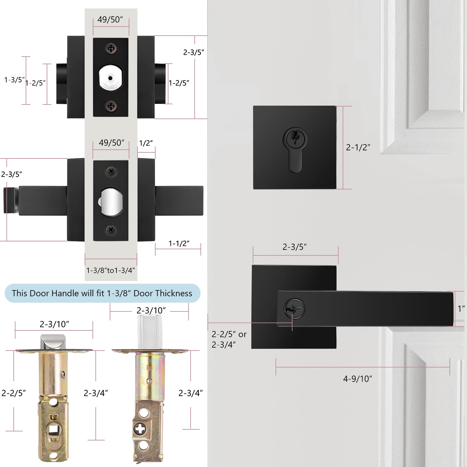 Probrico Juego de cerraduras de puerta exterior de color negro mate con cerrojo de seguridad, manija de entrada de puerta delantera y cerrojo de doble cilindro, palanca de puerta cuadrada con