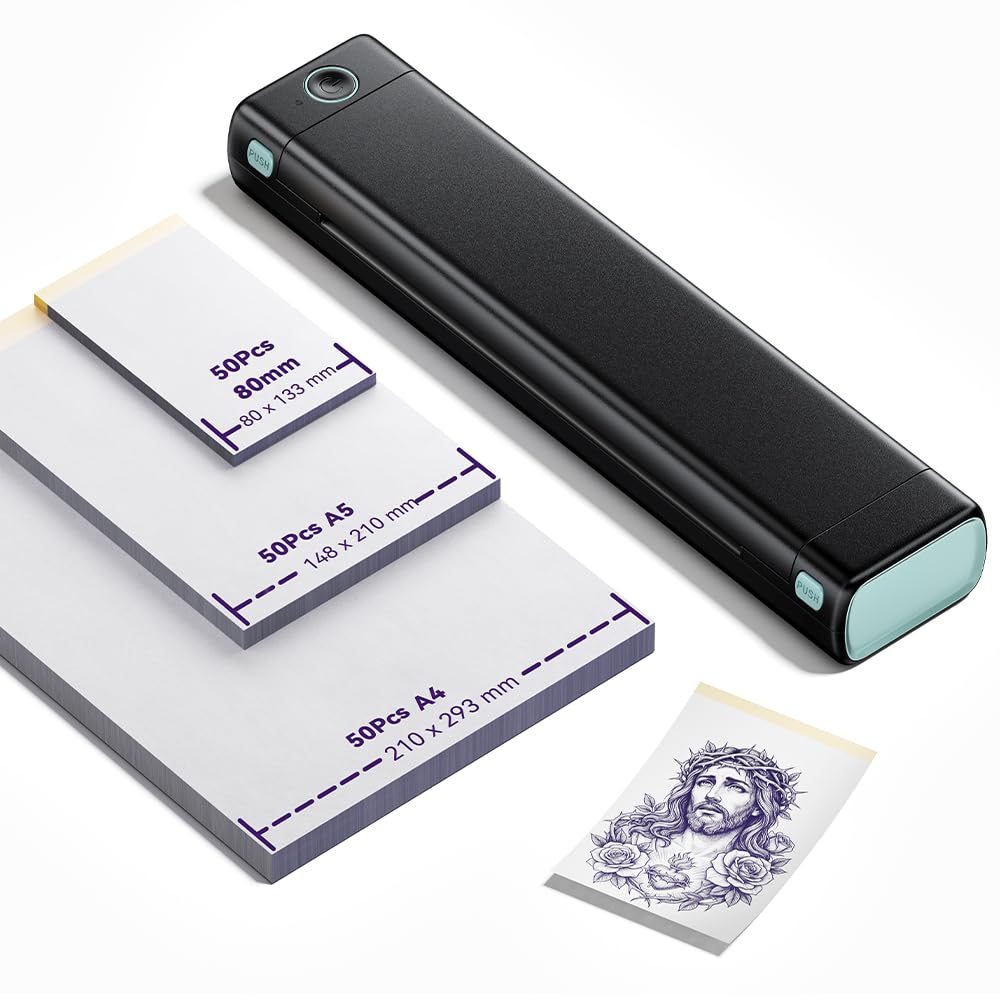 Phomemo M08F Tattoo Drucker mit 150pcs Transferpapier Thermodrucker Tattoo | Tattoo Stencil Drucker für die Formate A4, A5 und eine Breite von 80 mm, Kompatibel mit Smartphone & PC, Schwarz Grün