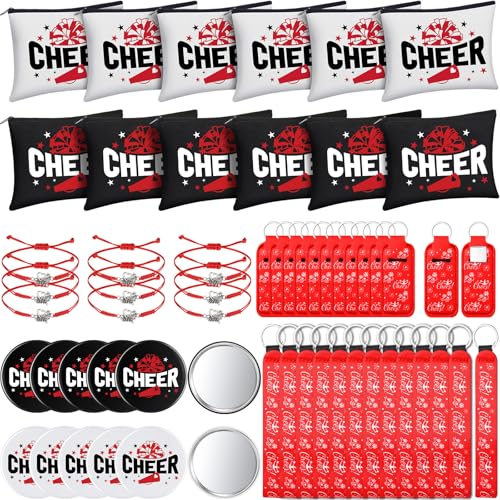 60 Pcs Cheerleader Gifts Bulk Cheer Team Gifts for Women Girls with Cheerleader Cosmetic Bags Makeup Mirror Bracelets Lipstick Holder Keychains Lanyard Cheer Team Party Favors (Red White)