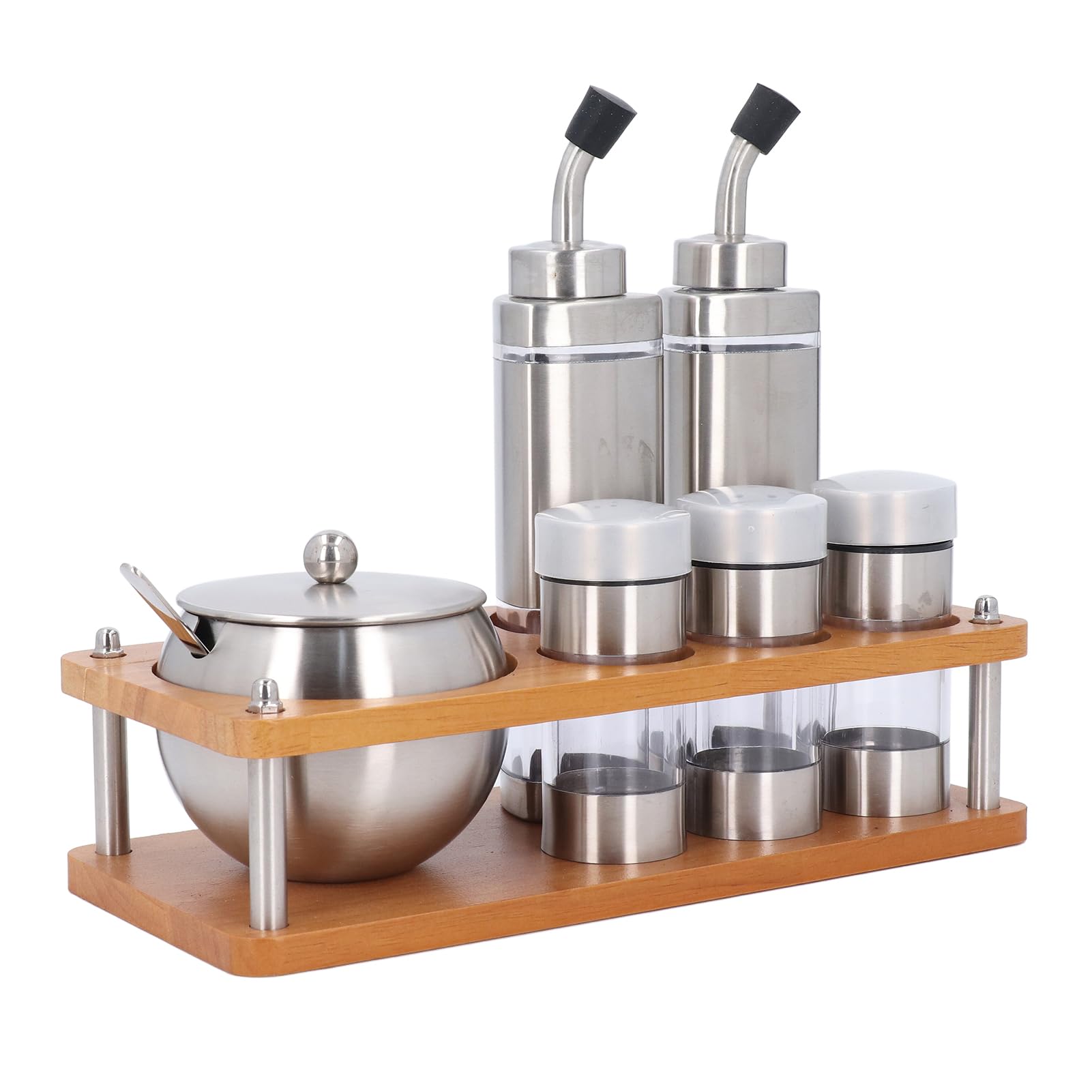 GLOGLOW Juego de Dispensadores de Condimentos de Acero Inoxidable 304, Juego de 6 Botellas de Vinagre y Aceite de Cocina con Base de Madera para Sal, Azúcar, Especias, de Soja