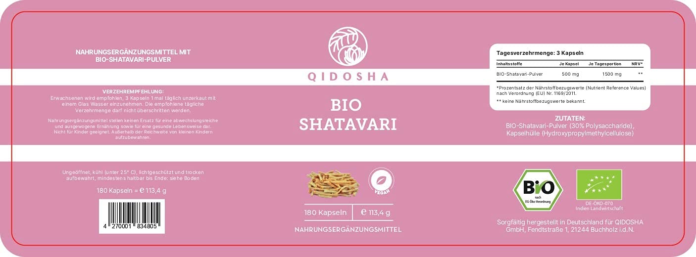 QIDOSHA® Shatavari capsule biologiche ad alto dosaggio, 180 pezzi in vetro, 1500 mg di Shatavari polvere biologica per porzione giornaliera, capsule di polvere di Shatavari biologiche, testate di