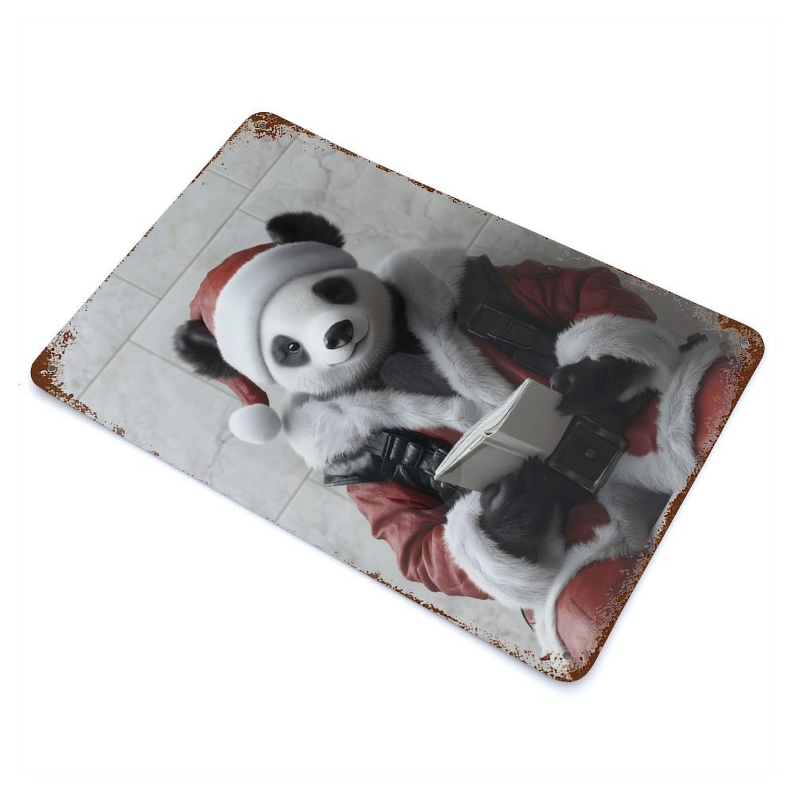 Panda Santa Claus 11.8"x7.9" Vintage Rust Metal Sign, Shabby Chic Decor for Garage, Bar And Workshop Decor