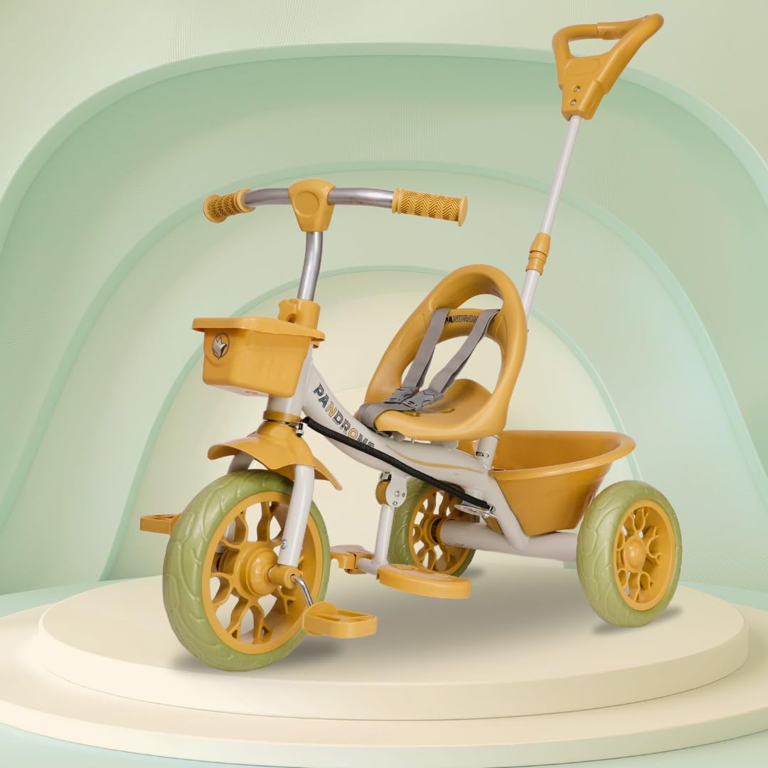 PANDROMS Tricycle with Parental Control Handle - Off-White/Beige/Olive | Kids Trike Cycle with Storage Baskets, Soft Handle Grips and Seat Belt | for Ages 2-5 | Max. Weight Capacity 30kg (PTC4003/03)-image-0