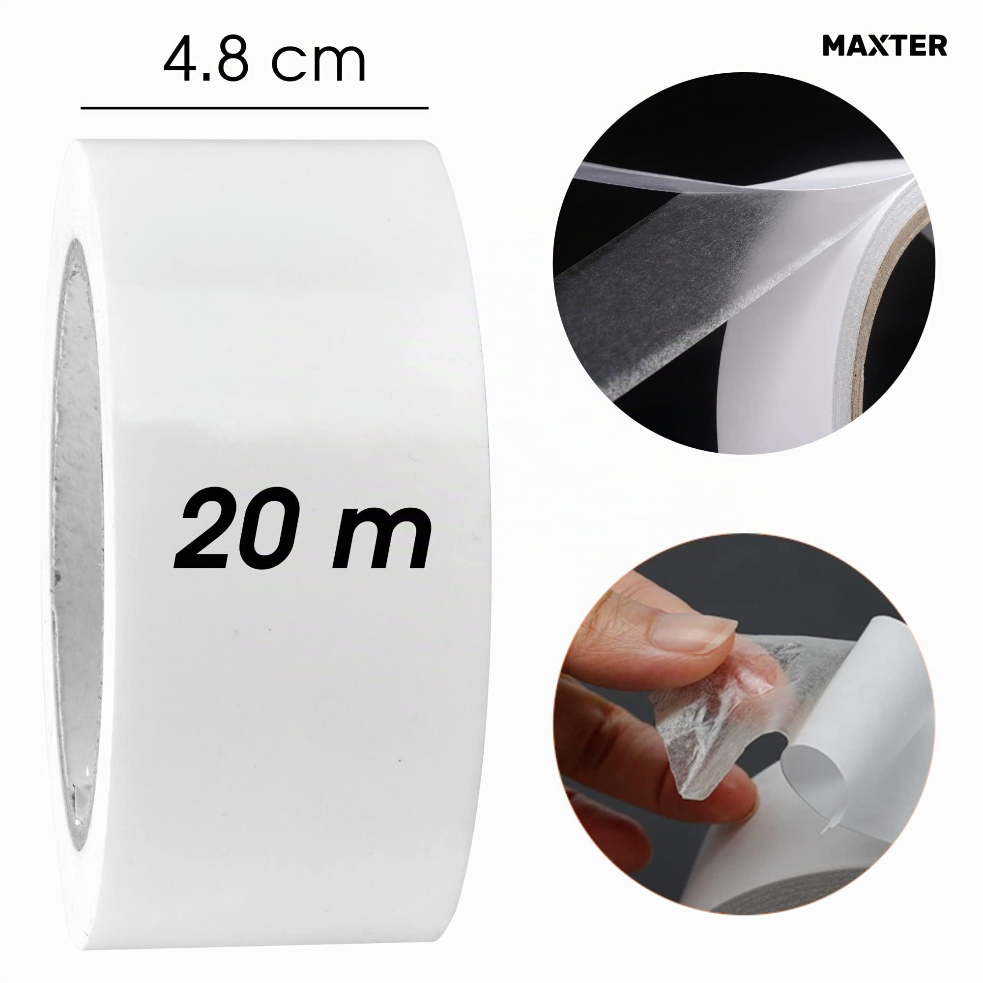 Maxter Nastro Biadesivo Extra Forte Trasparente Sottile, Nastro Adesivo Trasparente Grande (48 mm x 20 m)