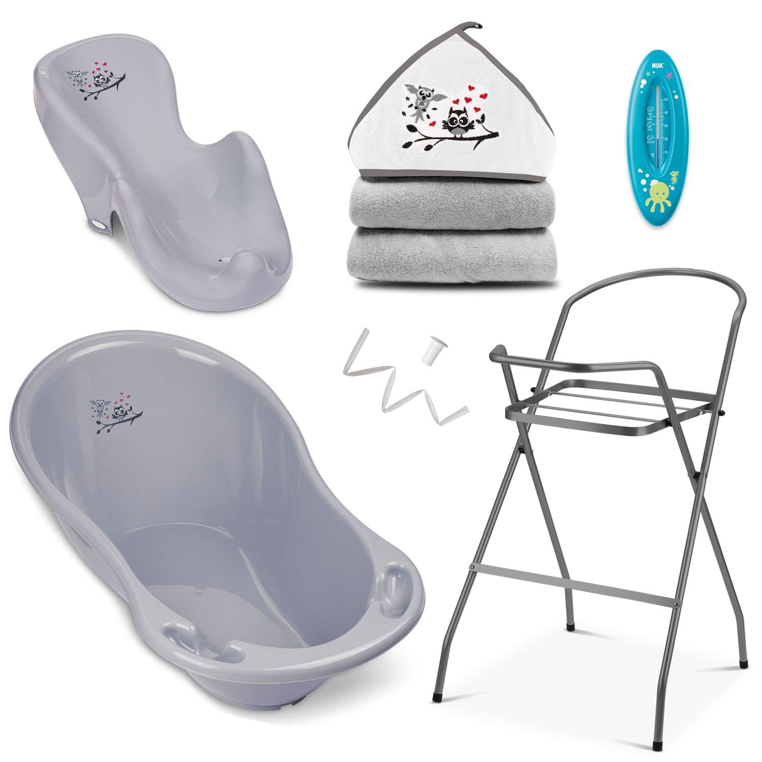 Babybadewanne mit Gestell, Bade Sitz, Kapuzenhandtuch, Thermometer und Abfluss – 6-teiliges Baby Wannen Set aus BPA freiem Plastik – Set für Neugeborene