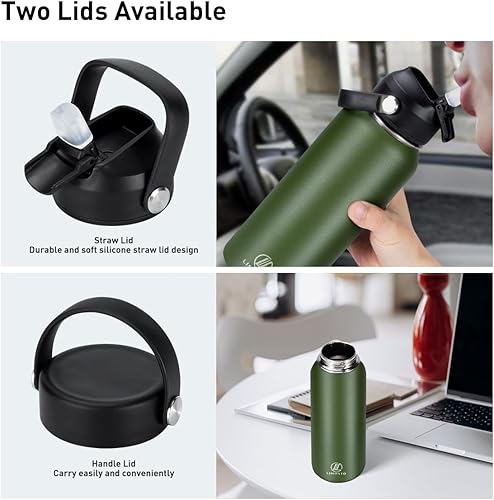 Miniatura 5 de Botella de agua aislada de 32 onzas con tapa de popote (2 tapas), botella de agua deportiva de acero inoxidable Vacumm de doble pared, taza térmica