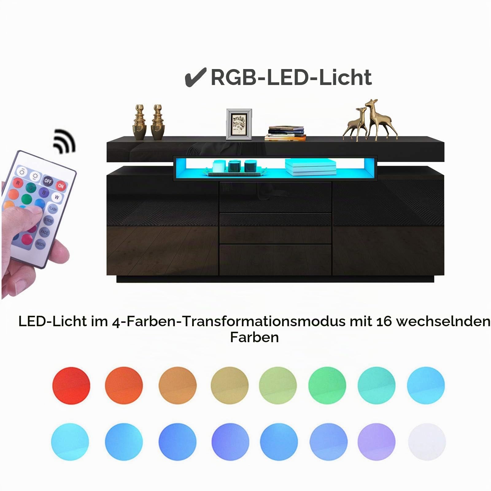 Schwarz Sideboard mit Led Lights, Sideboard 160cm mit 2 Türen 3 Schubladen