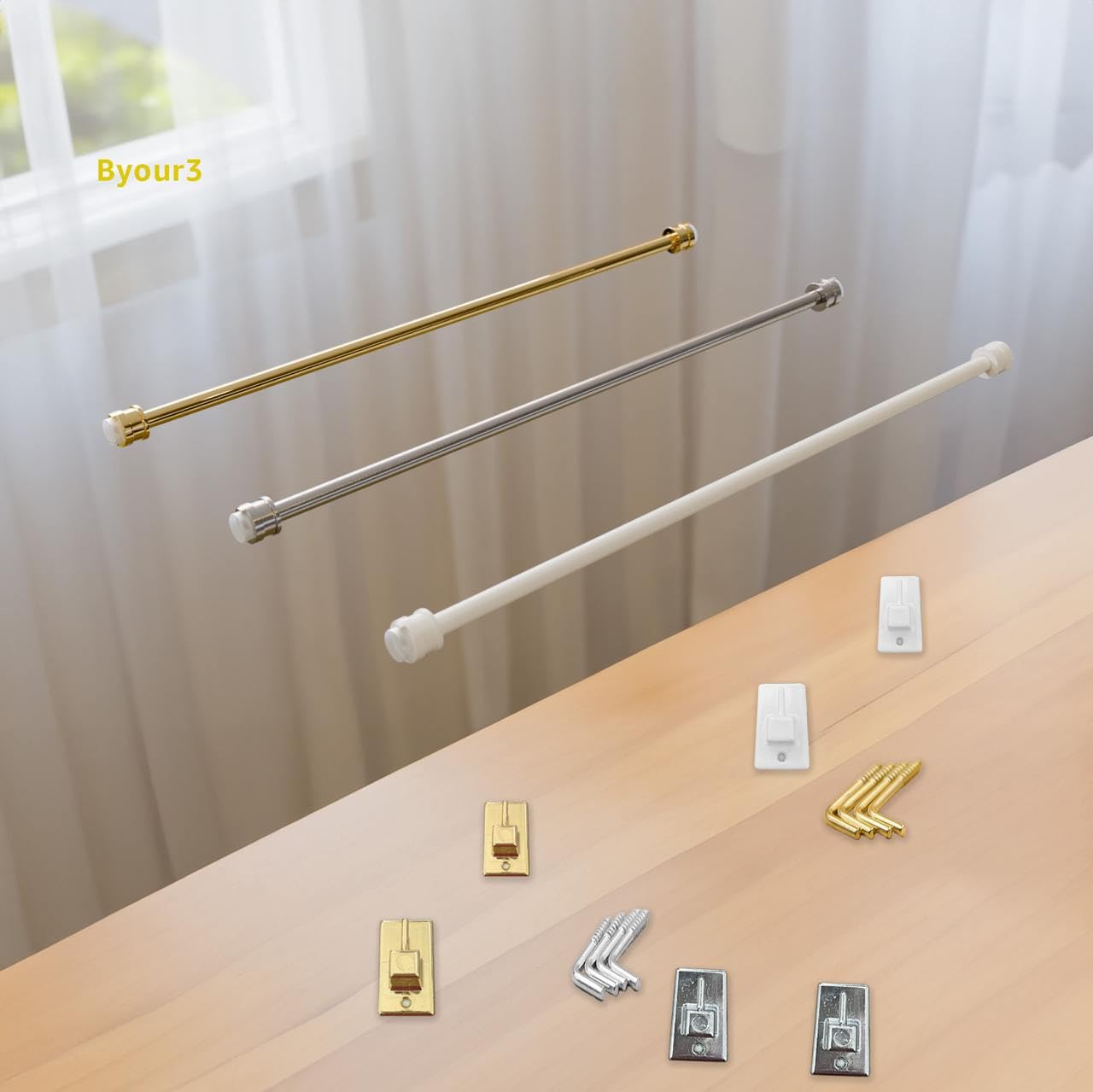 Byour3 - Coppia Bastoni per tende con molla a Pressione per Porta Finestra Astine Senza Forare Bacchette Estensibili Regolabili Tende tendina x Vetro per Camere Bagno Soggiorno (Bianco da 24 a 37 cm)