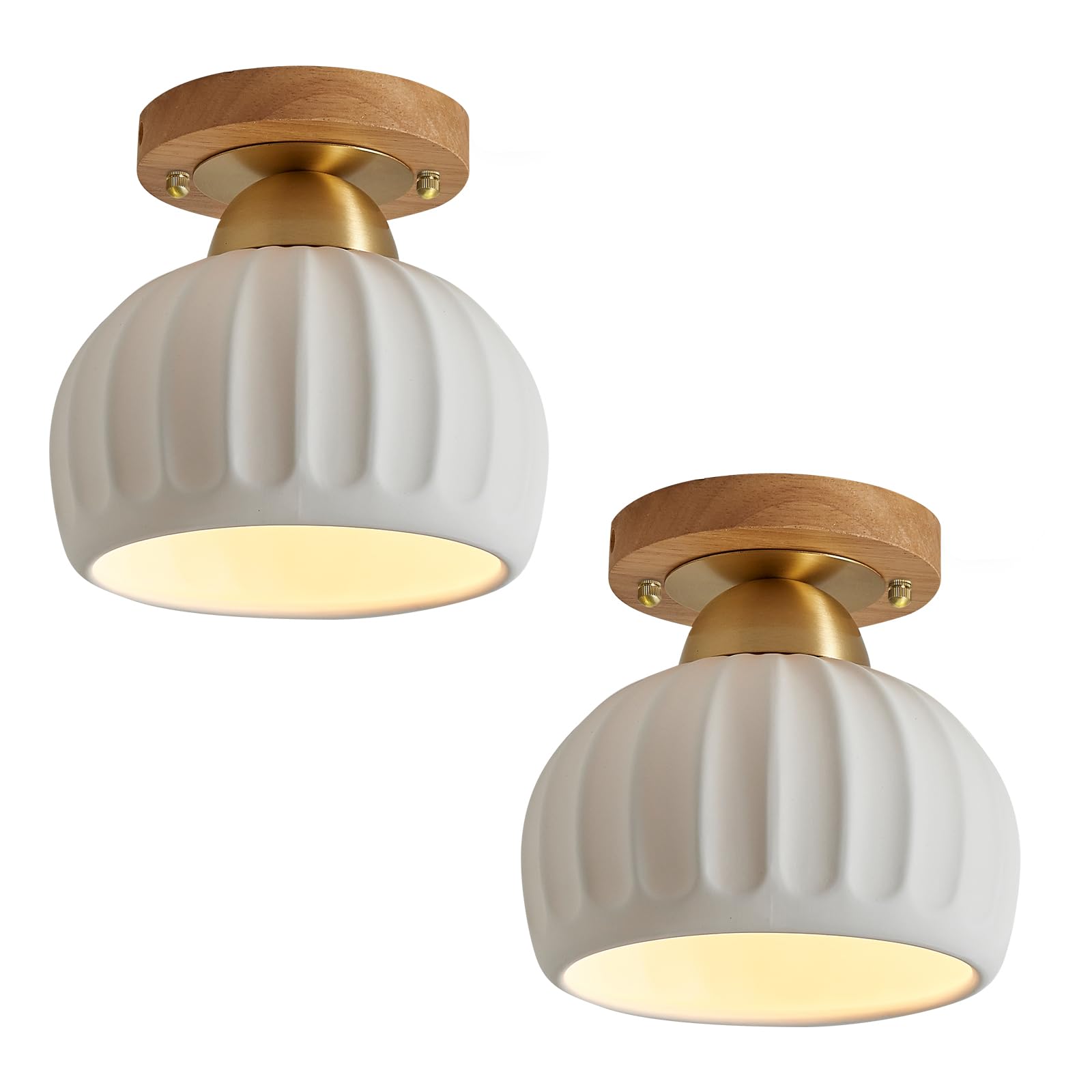 Photo 1 of 2 Pack Ceramic Wood Brass Semi Flush Mount Ceiling Light Vintage Hallway Light Fixtures, Modern Small Ceiling Mount Light Lamp for Hall Kitchen Entryway Passway Porch Foyer