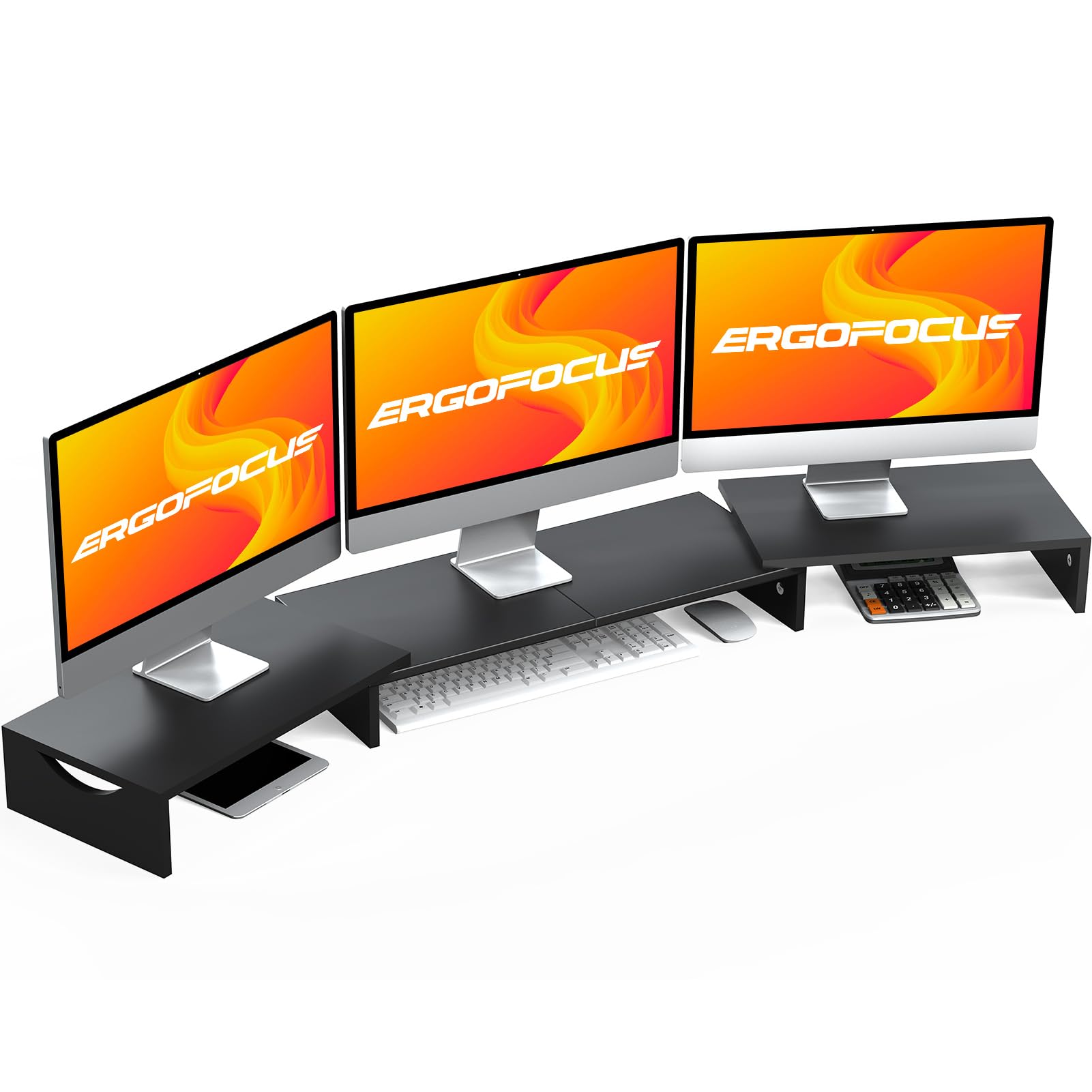 Ergofocus Triple Monitor Stand Riser, Extra Long Monitor Riser for 1~2~3 Monitors, Dual Monitor Stand with Length and Angle Adjustable, 3 Shelf Monitor Stand for Desk