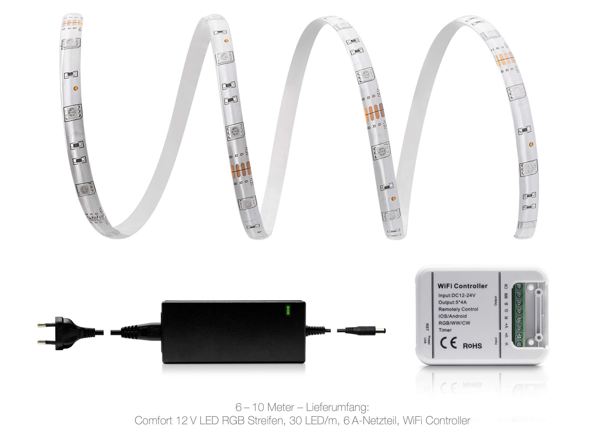Tira LED RGB de 10 metros (30 LED/m, IP65) con control wifi y fuente de alimentación
