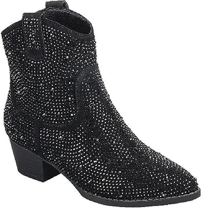 Forever Girls Rhinestone Cowboy Boots Kids Low Heel Dress Booties River-01K Black 11