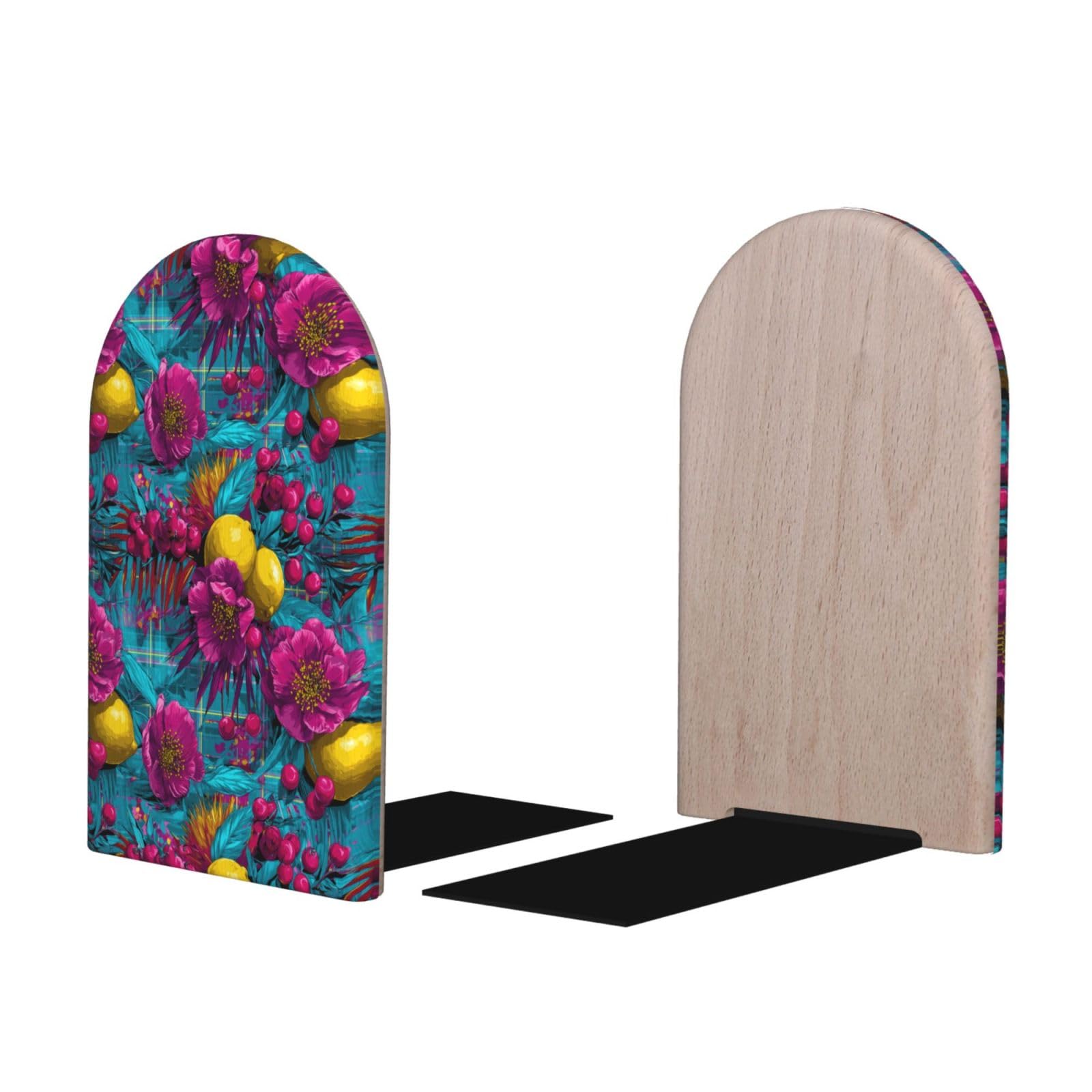 Tropical Colorful Flowers Lemons Print BookEnds 1 Pair, Decorative Bookends for Heavy Books, Wood Book Ends for Shelves, Book Organizer for Home Desk Office Supplies