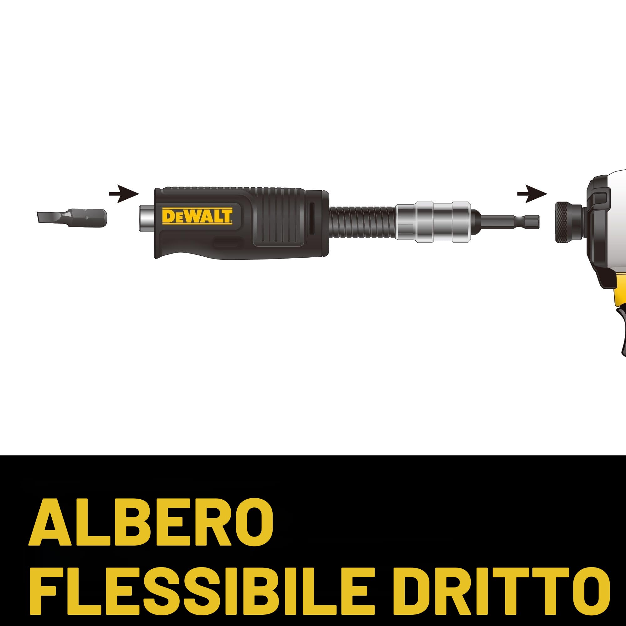 DEWALT Adattatore per trapano ad angolo retto, FlexTorq, sistema 4 in 1, compatto, albero flessibile dritto, 30,5 cm (DWAMRASETFT)