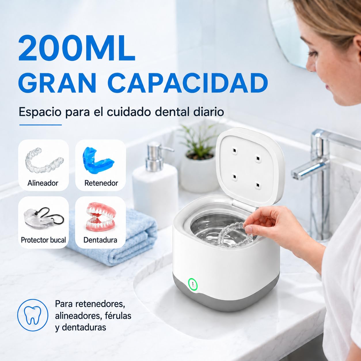 Limpiador Ultrasonidos Dental para Férulas y Retenedores (Blanco) | Depósito de 200ML, Limpieza por Ultrasonidos de 45kHz con 24W, Batería 4000mAh y 4 Lámparas UV para Dentaduras y Joyas
